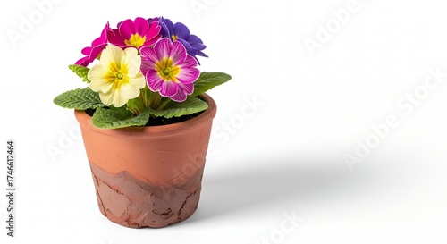 Wallpaper Mural A vibrant potted plant showcases a delightful cluster of brightly colored blossoms, featuring shades of vivid yellow, magenta, and deep purple. The cheerful flowers are set against lush green foliage, Torontodigital.ca