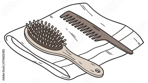 Hairbrush and Comb on Towel Bathroom Essentials Illustration.