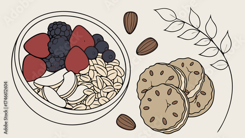 Healthy Breakfast Bowl and Treats Illustration.