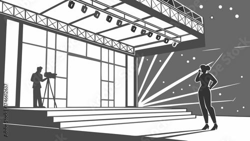 Stage with Silhouettes Performing Arts Event Monochrome Illustration.
