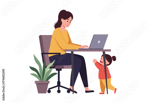 A woman working on a laptop with a child playing at her feet next to a potted plant