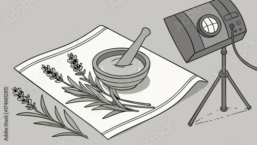 Herbal Preparation Illustration Mortar and pestle with lavender studio lighting illustration for medicine alternative wellness.