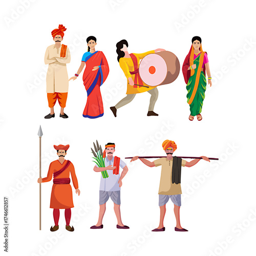 Illustration depicting various individuals in traditional Indian attire, showcasing cultural diversity and occupations.