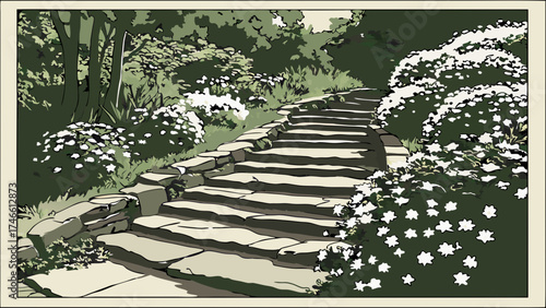 Stone stairway in a garden illustration.