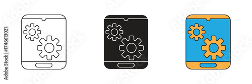 Tablet with two rotating gears. Symbolizes settings, configuration, and powerful internal processing. Great for software or system-related concepts.