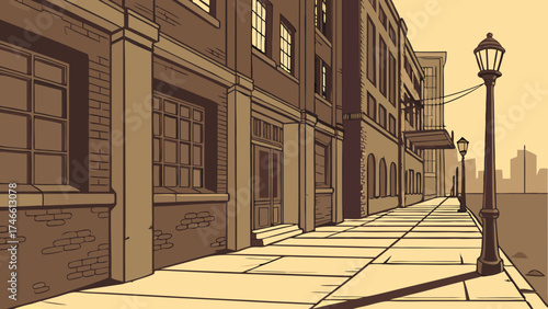 Street Scene Illustration Urban Landscape Brown and Beige Tones.