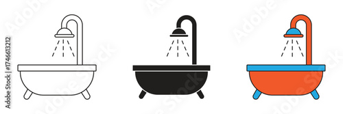 A clawfoot bathtub with a showerhead and flowing water. Represents bathing, relaxation, and classic bathroom design. Great for web, business and entertainment.