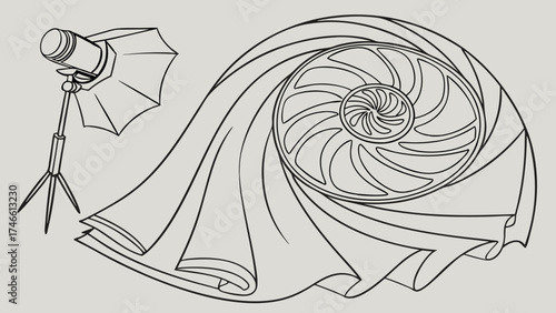 Studio Lighting Equipment and Abstract Fabric Swirl Design Photography Illustration Graphic Design Element.