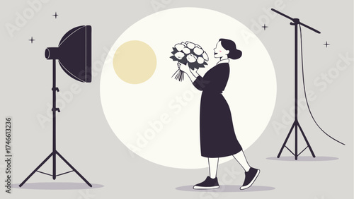 Illustration of a Person Holding a Bouquet of Flowers in a Studio Setting.