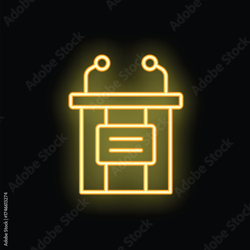 Yellow glowing neon line conference tribune icon isolated on black background