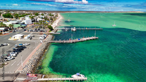 Obraz na płótnie Aerial view of Denham town in Western Australia with coastline and turquoise wat