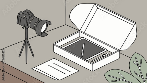 Illustration of a Photography Studio Setup with Tablet and Camera.