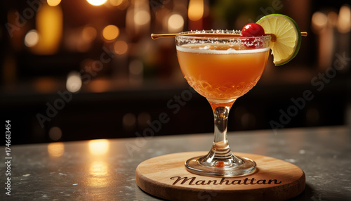Cocktail served in elegant glass with lime and cherry garnish  