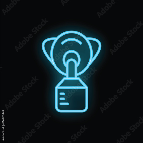 Glowing neon icon of a cpap machine, a device used to treat sleep apnea by delivering pressurized air