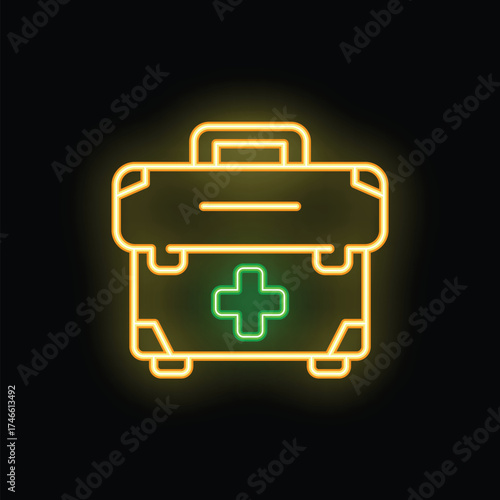 Glowing neon line first aid kit icon isolated on black background. Emergency medical box