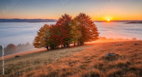 This breathtaking natural landscape captures a serene morning or evening scene over a mountain range. A stand of vibrant trees, showcasing stunning autumn foliage in shades of fiery red, golden yellow