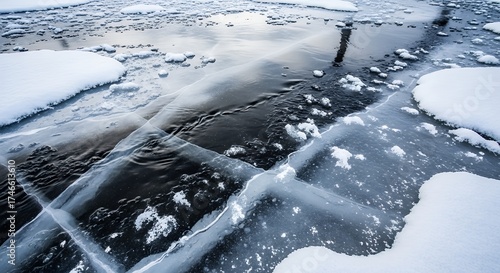This striking abstract capture showcases a dynamic winter landscape where frigid water meets intricately fractured ice sheets and scattered patches of soft snow. The cool blue and dark gray tones evok
