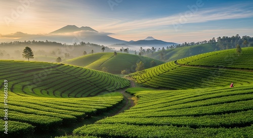 This stunning wide-angle shot captures the breathtaking beauty of lush, terraced green fields bathed in the soft, golden light of dawn. Rolling hills covered in neatly manicured tea bushes stretch int
