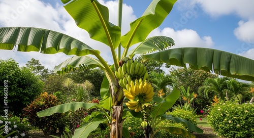 This vibrant image captures a healthy banana plant laden with abundant fruit, showcasing both ripening yellow bananas and developing green bunches. Large, lush green leaves fan out against a clear blu