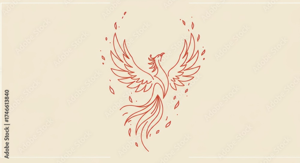 Fototapeta premium Phoenix bird flying with flames in simple red line art illustration