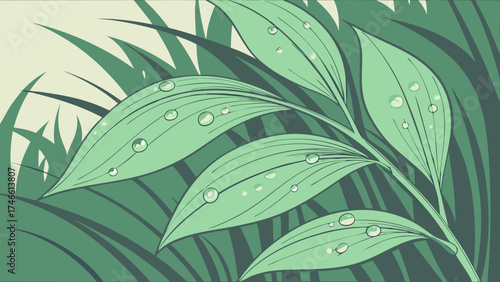Illustration of Leaves and Water Droplets.