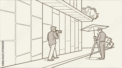 Illustration of two figures observing a structure.