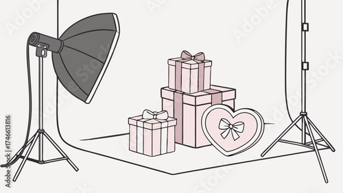 Studio Setup with Pink Gift Boxes and Heart-Shaped Present for Product Photography.