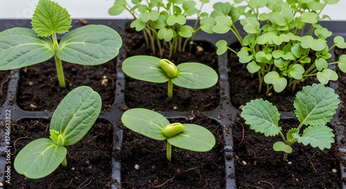 Vibrant green seedlings thrive in dark soil within a propagation tray. This fresh image embodies new life, growth, and sustainable cultivation, ideal for gardening, nature, agriculture, and healthy li