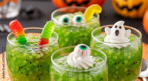 Vibrant green, spooky-themed desserts are presented in clear glasses, perfect for a fun seasonal celebration or themed party. Each glass is playfully adorned with eerie toppings, including colorful gu