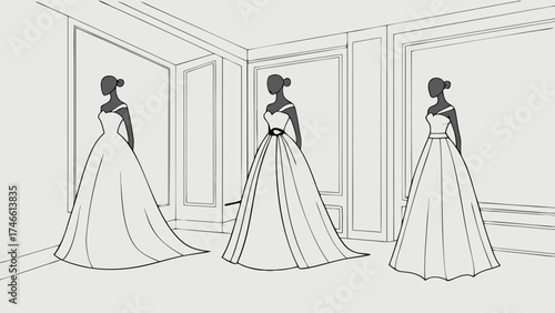 Illustrative Display of Elegant Gowns for Special Occasions Vector Line Art on White Background.
