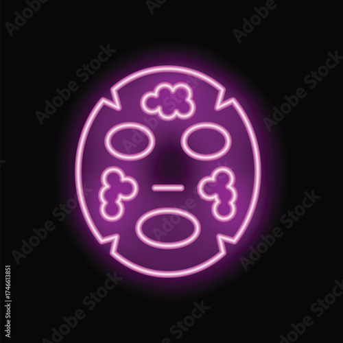 Neon icon of a purple cosmetic face mask glowing on a black background