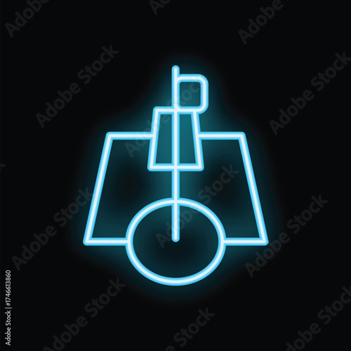 Blue neon icon of a golf flag on a putting green with a hole, glowing on a black background