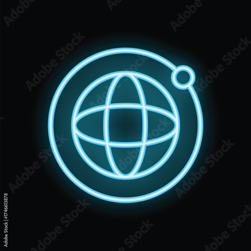 Neon glowing symbol of planet earth orbiting around a bright star on a black background