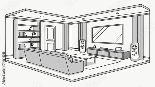 Isometric Drawing of a Modern Home Theater Room with Large Screen TV and Surround Sound System.
