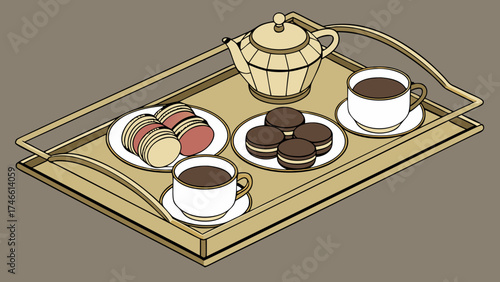 Isometric illustration of a breakfast tray with coffee teapot and cookies.