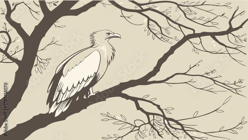 Stylized illustration of a bird of prey perched on a tree branch.