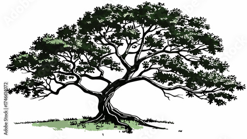 Stylized illustration of a large tree with sprawling branches and roots isolated on white background.