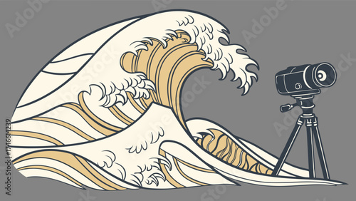 Stylized Wave Illustration with Camera on Tripod Vector Graphic Design for Nature Travel and Photography Projects.