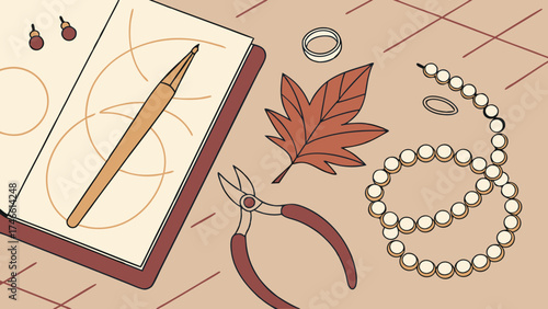 Jewelry Making Supplies Flat Lay Craft Design Autumnal Colors DIY Accessories Handmade Creative Process Workspace.