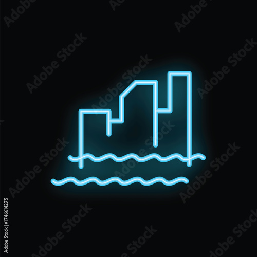 Blue neon sign showing a rising sea level threatening a city skyline
