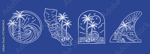 Vector coastal illustration set with palm trees, ocean waves, and sunset scenes in minimal line art style. Perfect for beach apparel, surf designs, stickers, and summer branding.