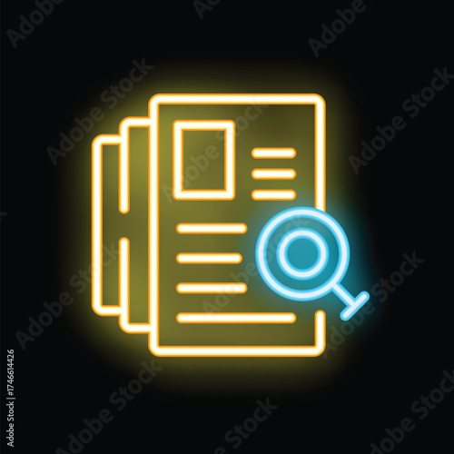 Neon icon showing a magnifying glass analyzing documents, representing due diligence