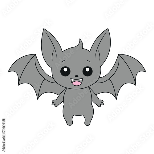 Cute smiling grey cartoon bat character.