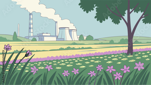 Landscape with industrial structures pollution and plants.