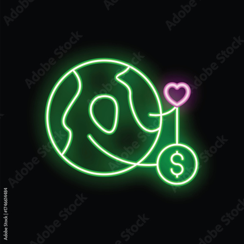 Green neon icon of planet earth connected to money by love is showing global charity and donation concept