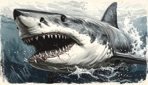Detailed Illustration of a Great White Shark in the Ocean with Open Mouth