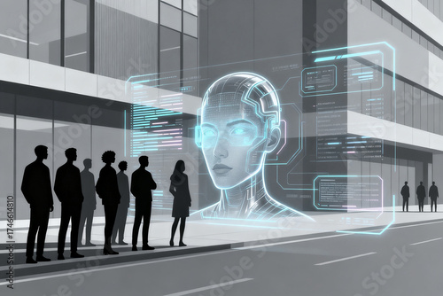 AI hologram in urban setting with people