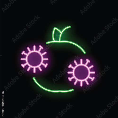 Neon sign of an apple with two viruses representing fruit contamination, disease, and food safety