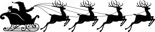 Black and white silhouettes of Santa Claus's sleigh