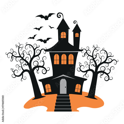 Spooky cartoon haunted house with twisted trees and flying bats.